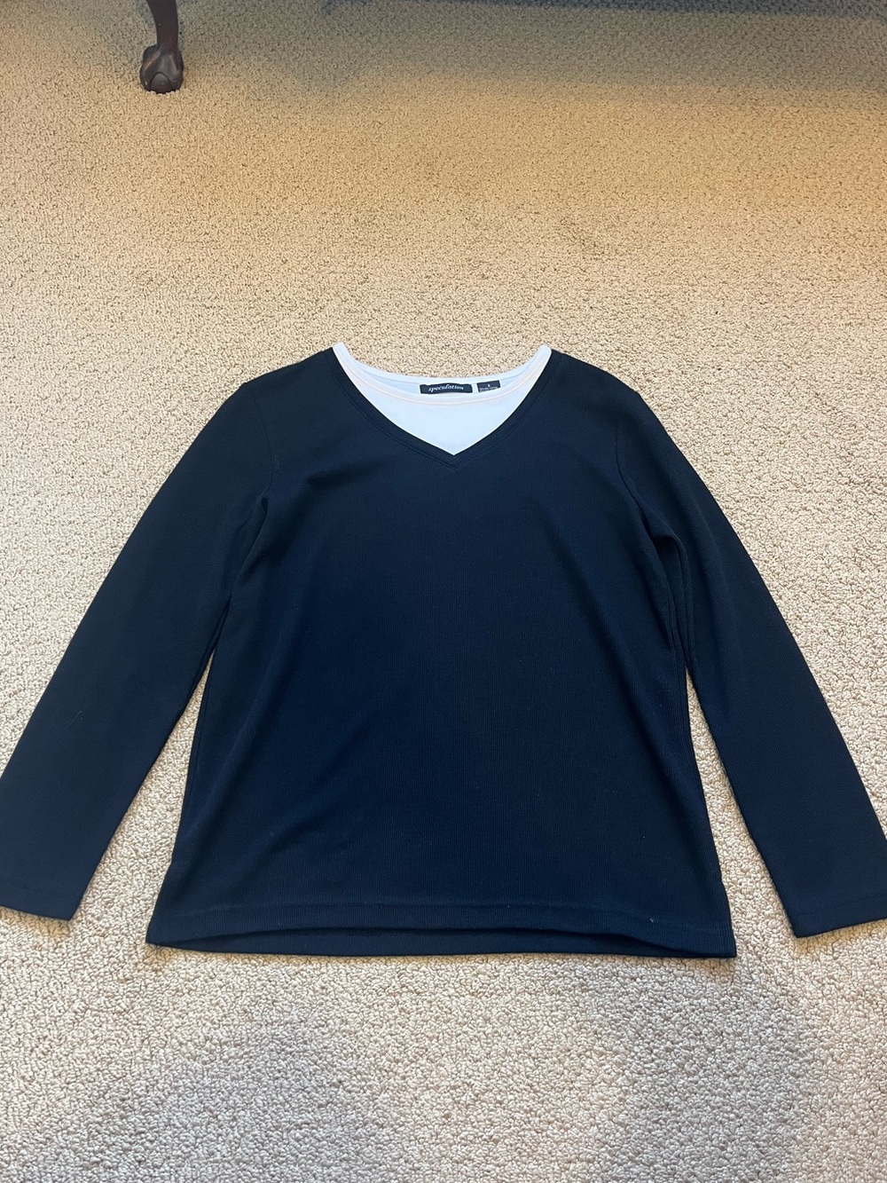 Women’s V-Neck Long Sleeve Top in Black with White Trim